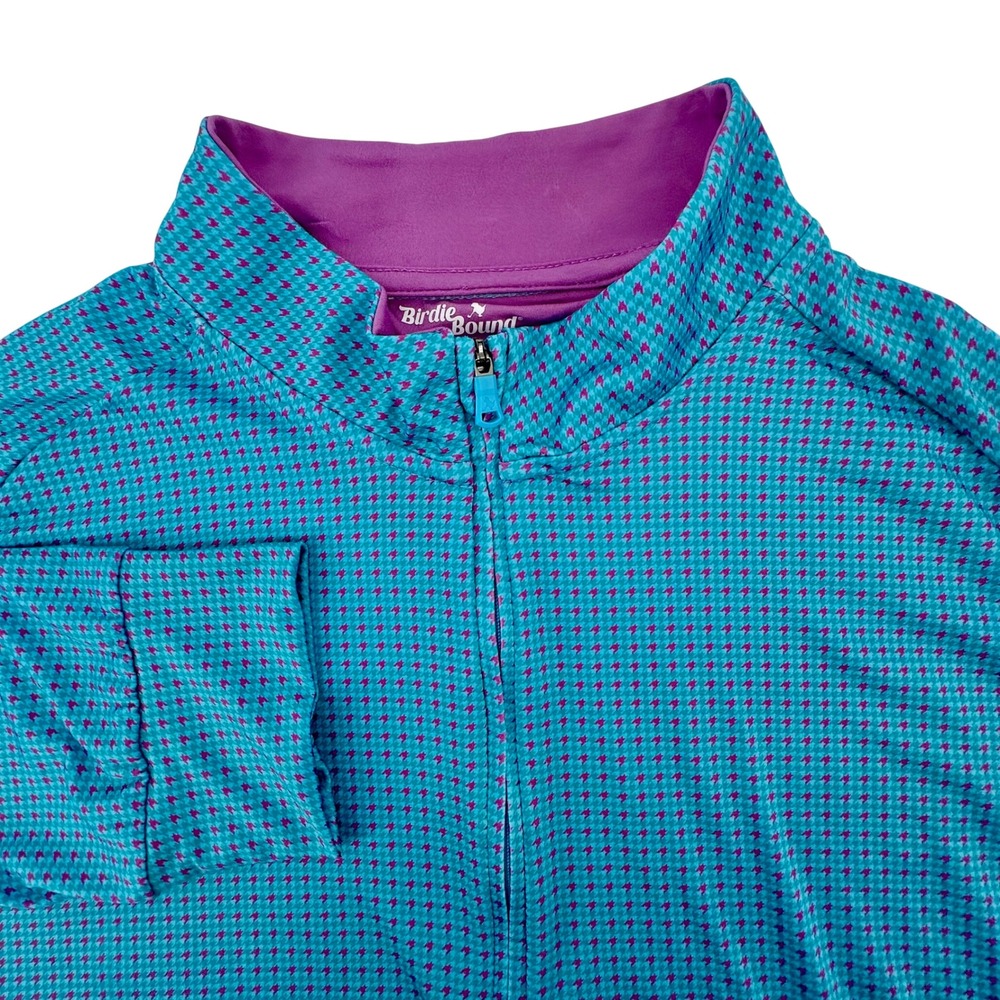 Birdie Bound Mens Large Teal Purple Houndstooth Quarter Zip Golf Pullover Shirt